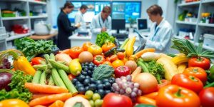 Colorful fruits and vegetables with researchers in a lab.