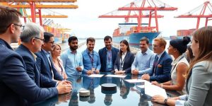 Diverse team collaborating at a modern port facility.